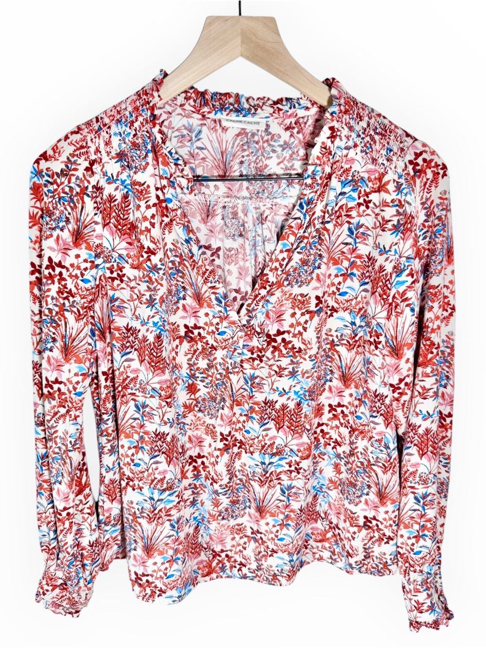Cache Cache Women’s Blouse Top V-Neck Size Small 36 Red Blue White Coastal Chic